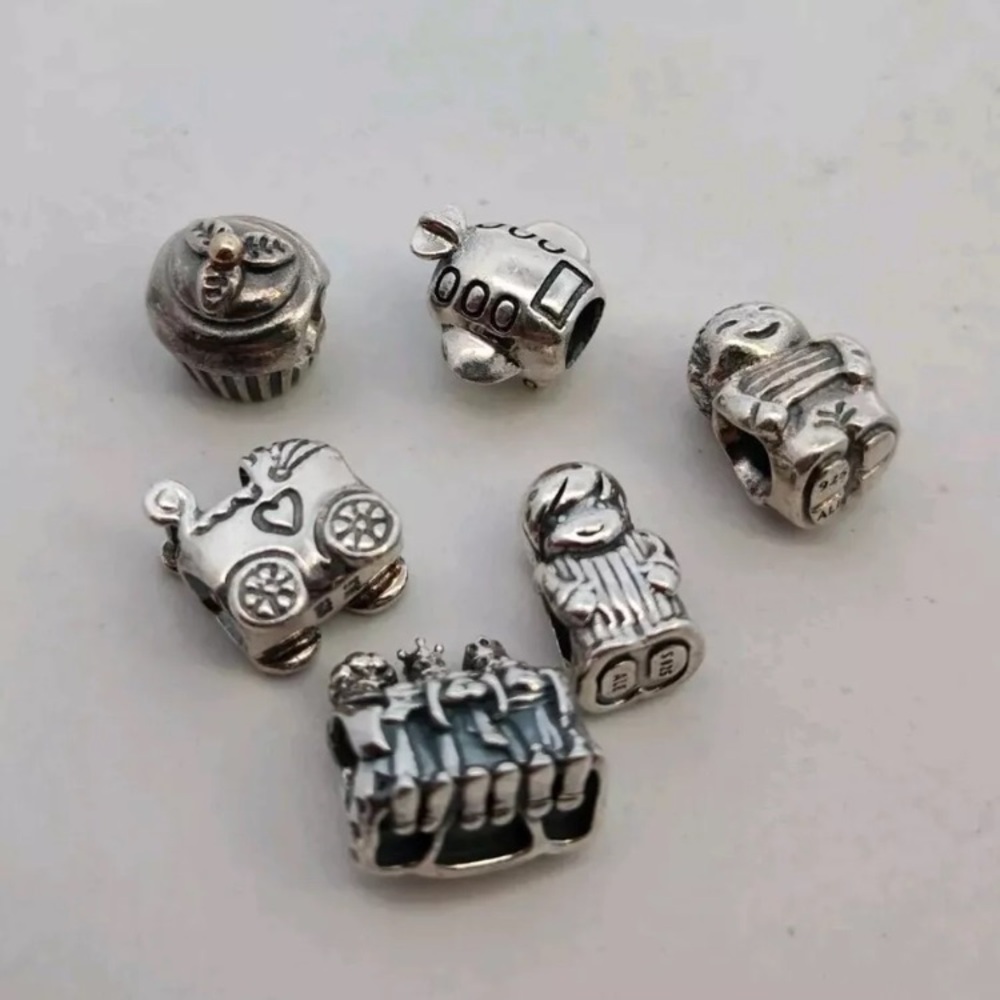 Lot of 6 Sterling Silver PANDORA Charms Beads Different Designs 2 w Gold Accents